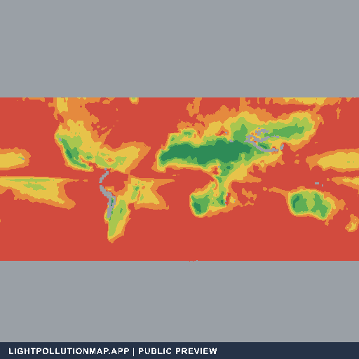 World map showing broad clear-night climate bands from red to green, with gray for lower-confidence coverage