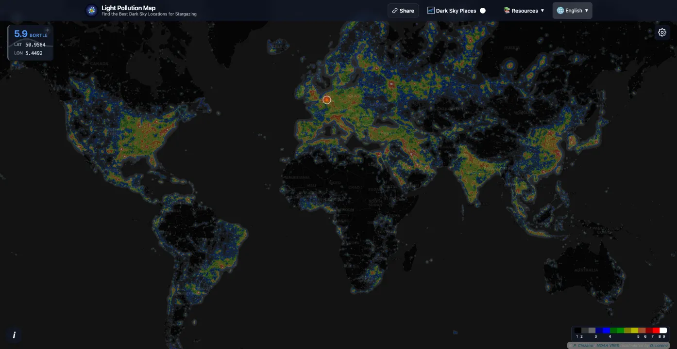 Worldwide Light Pollution Map - Global view of light pollution distribution Global light pollution map worldwide showing light pollution levels across different continents and countries