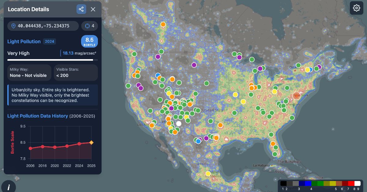 US Light Pollution Map - Interactive map showing light pollution levels and dark sky locations United States light pollution map with dark sky places